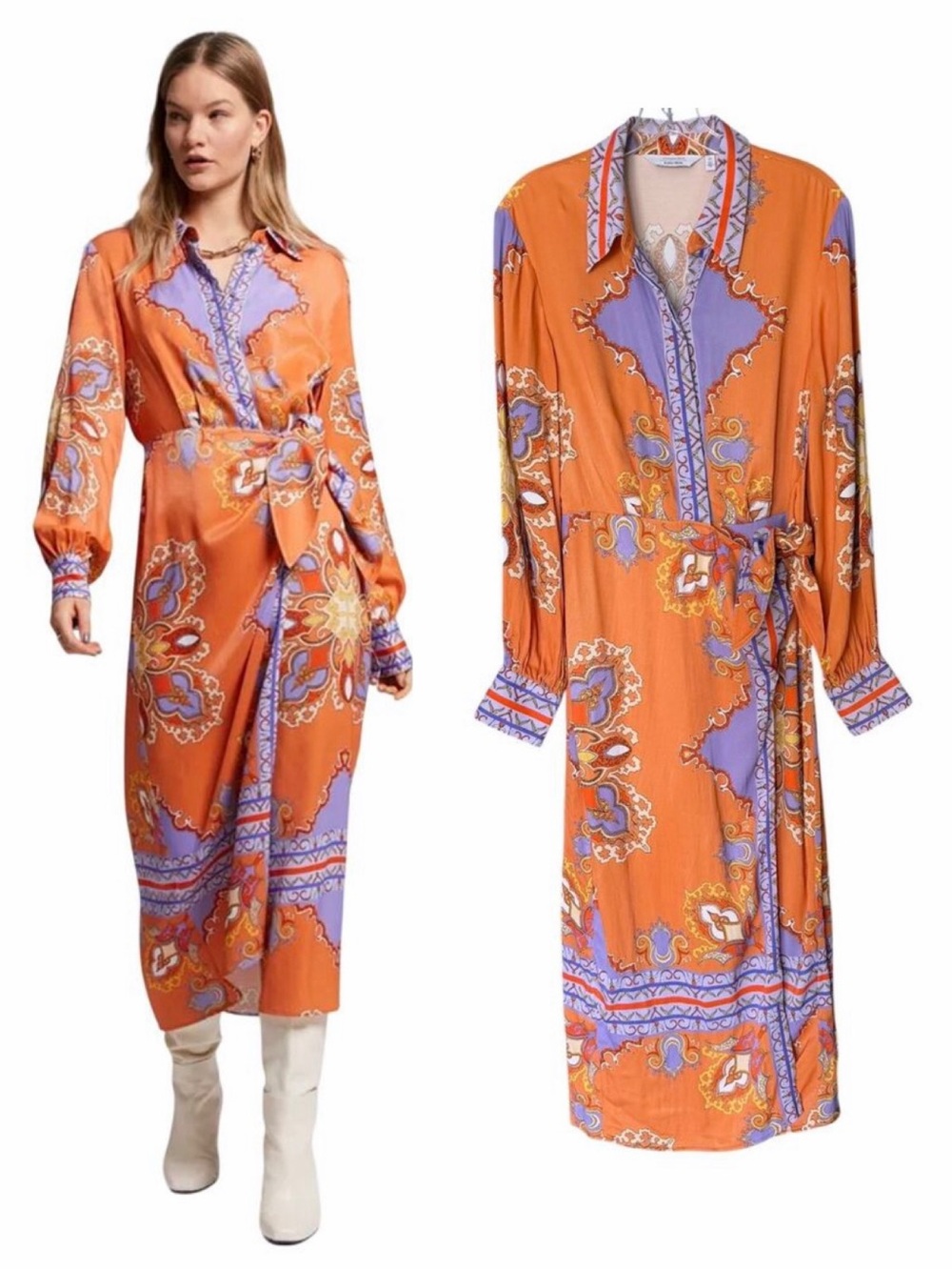 & Other Stories Faux Wrap Midi Shirt Dress Women’s 4 Boho Orange Anthropologie